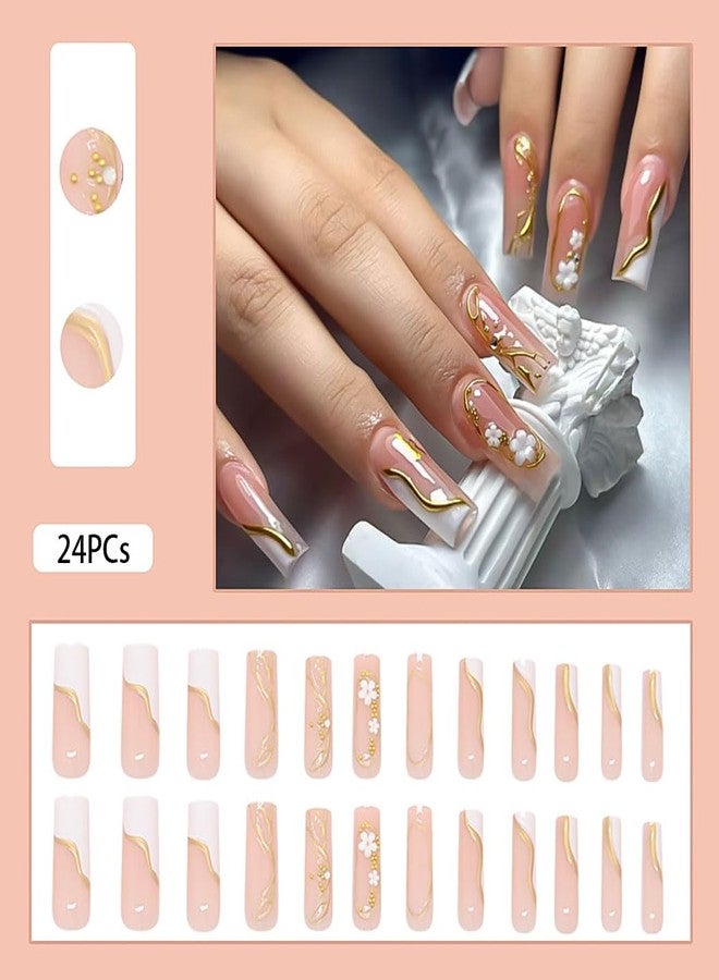 RikView Coffin Press on Nails Long Fake Nails with 3D Flowers Design Golden Nails Glossy Full Cover Nails for Women 24 PCs/Set - Image 3